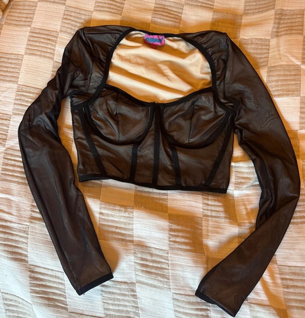 Edikted sheer lined flesh looking cropped corset blouse top small fit, fitted LS
